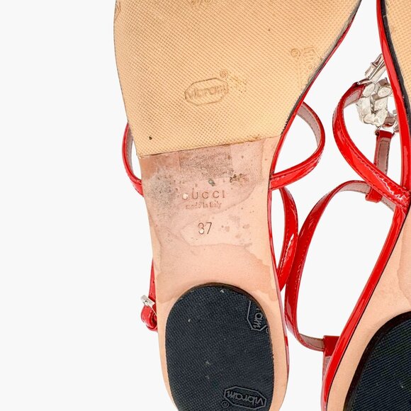 Gucci Crystal GG Interlock T-Strap Sandals EU 37 US 7 Red Patent Flat Logo Thong - Picture 12 of 13